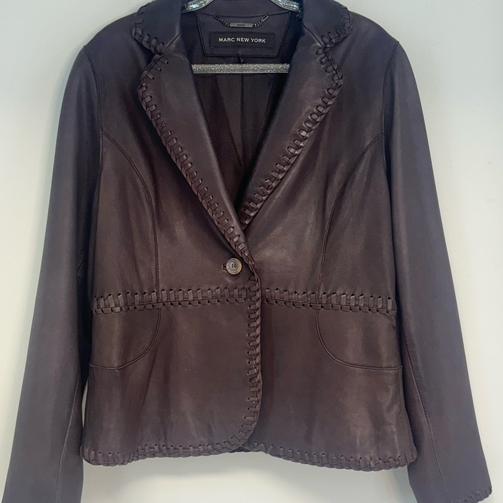 Marc New York Women's Dark Brown Leather Jacket size large detailed trim